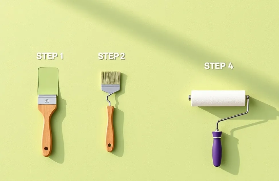 Outils de peinture disposés dans l'ordre des étapes du chantier