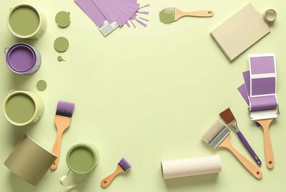Pots de peinture, nuancier, brosses et rouleaux disposés à plat