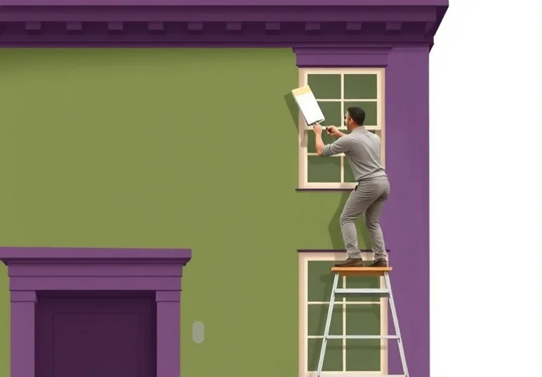 Peintre sur échafaudage traitant la façade d'une maison
